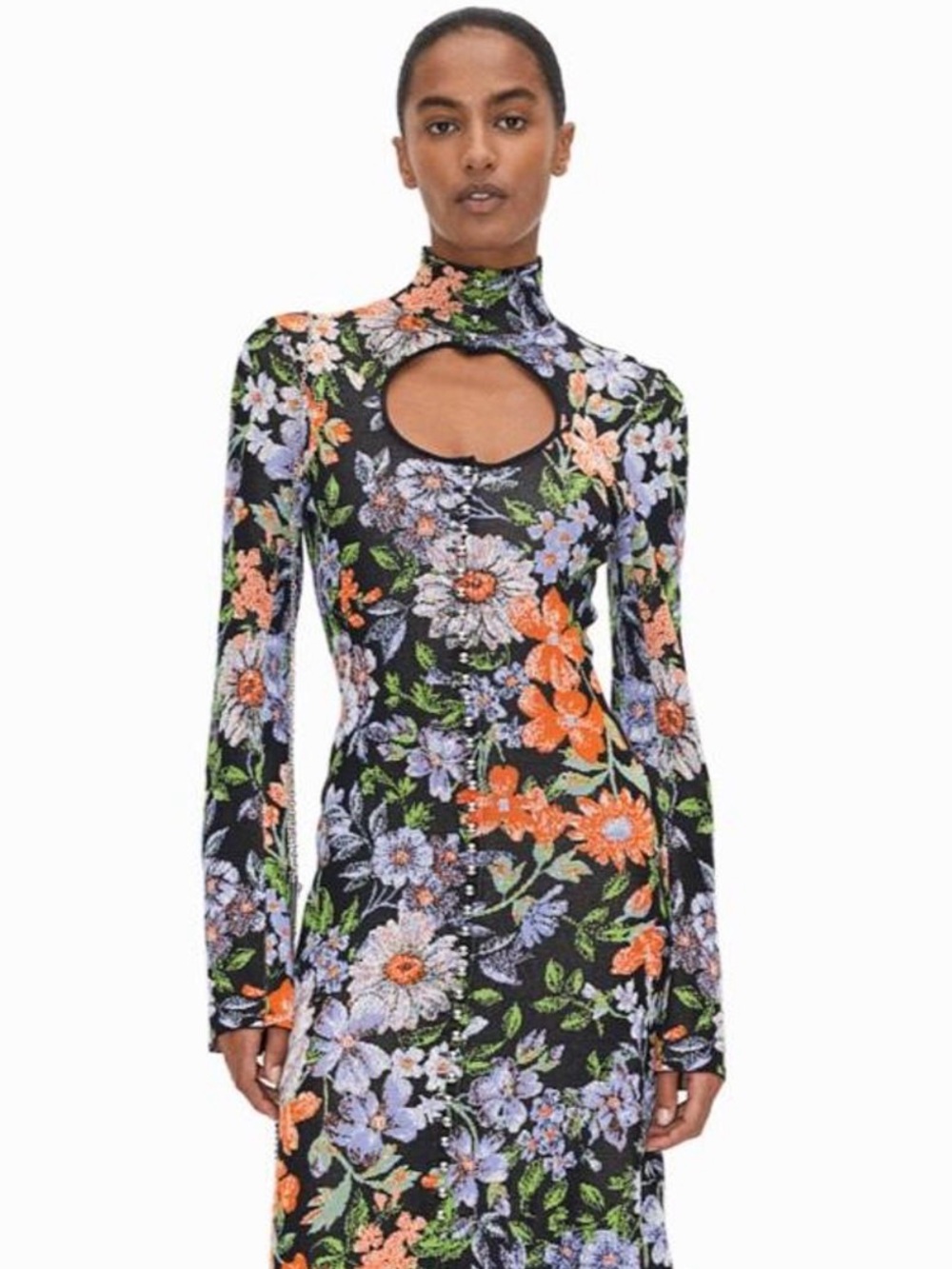 Rabanne x HMFloral Cutout Long-Sleeve Midi Dress - Black Floral